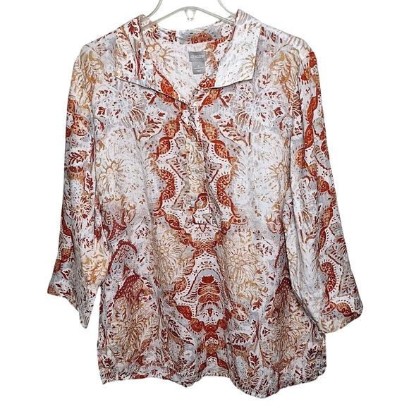 Chico's 2 Women 12/14 Large White Orange Coastal Medallion Print Linen Tunic - Picture 2 of 6